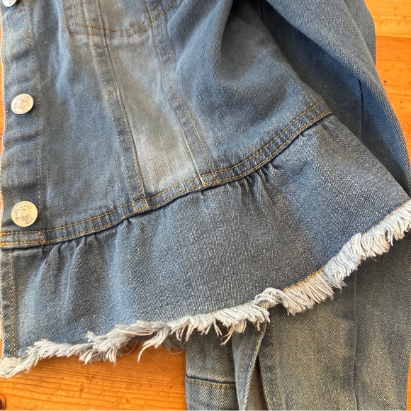 Upcycled Denim Jean jacket  patchwork Tinker Bell ruffle frayed edges girls - Picture 10 of 10